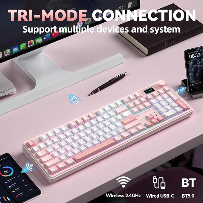 LINGBAO K108 Pro Wireless Mechanical Pink Creamy Keyboard with Number Pad | Full Size Mechanical Keyboard with 10000mAh Battery, PBT Keycaps, Gasket Mount, RGB Backlit Hot-swap Custom Keyboard for PC - Image 3