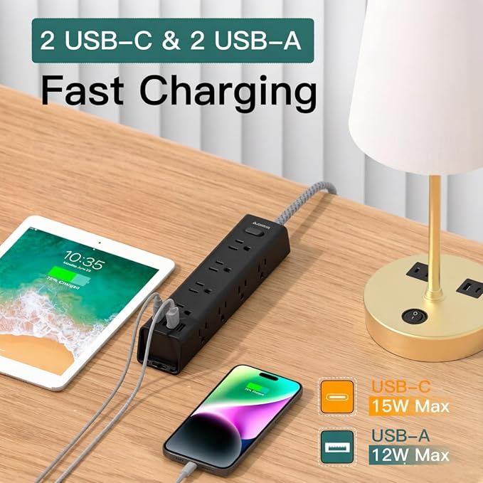 15FT Extension Cord, Power Strip Surge Protector with 12 AC Outlets & 4 USB | Flat Plug, Wall Mount, 1050J Surge Protector, Outlet Extender for Home Office Dorm Room Gaming Desk Setup, ETL Listed - Image 4