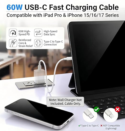 4-Pack (6ft 6ft 10ft 10ft) 60W USB C to USB C Fast Charging Cable | for iPhone Charger Cord, Type C to C Charger Cord Compatible with iPhone 17, 17 Pro Max, 16, 15, iPad Pro, Macbook Pro - Image 4