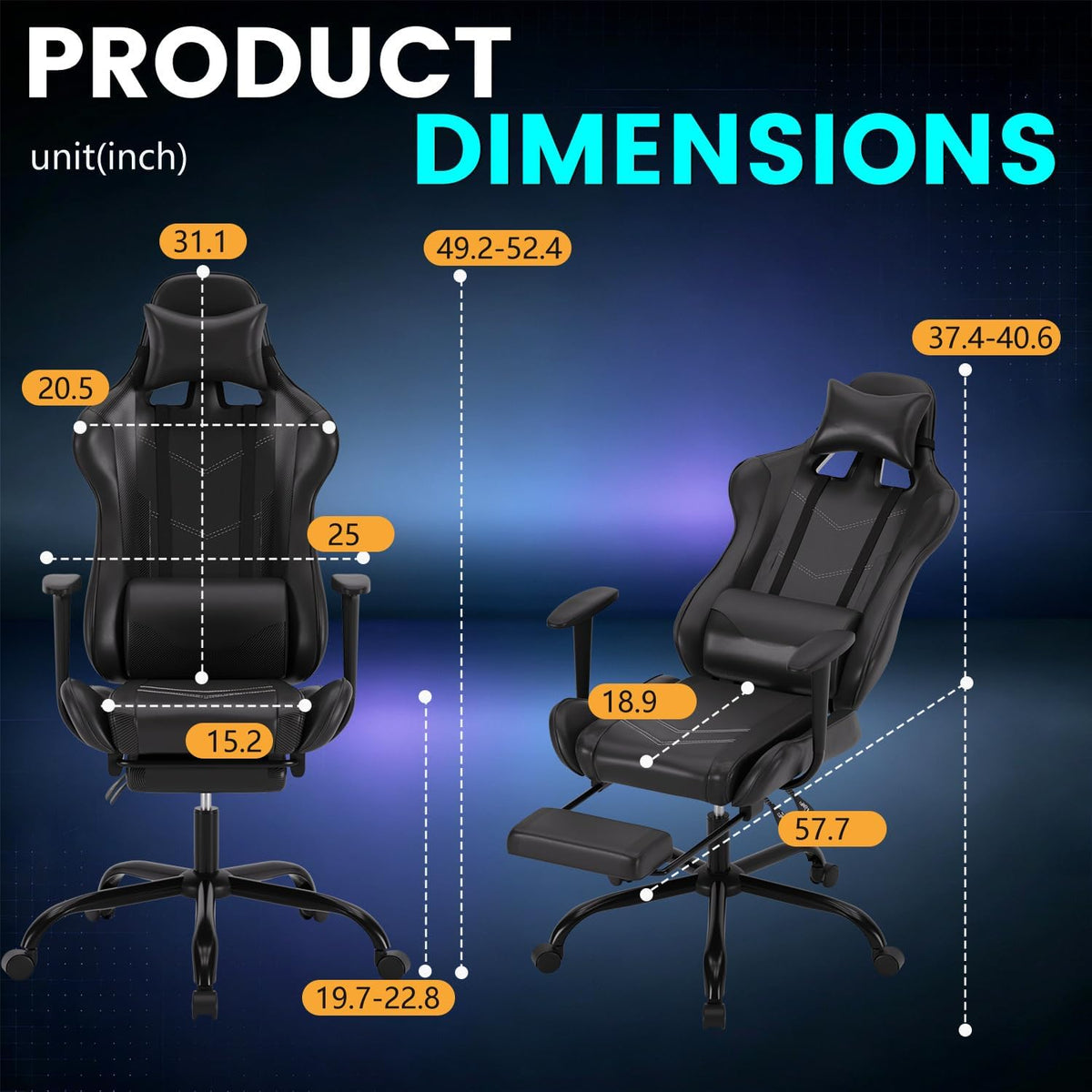 BestOffice | Ergonomic Gaming Chair | Dark Black | Reclining Computer Chair with Lumbar Support, Headrest Pillow, Adjustable Footrests | 360 Swivel with Heavy Duty Wheels | for Home & Office - Image 7