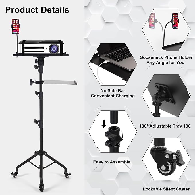 Tossbiss Laptop Tripod on Wheels with 2 Shelves | Portable Projector Floor Stand Adjustable Height 25.9 to 51.8 Inch with Phone Holder, Projector Stand - Image 6