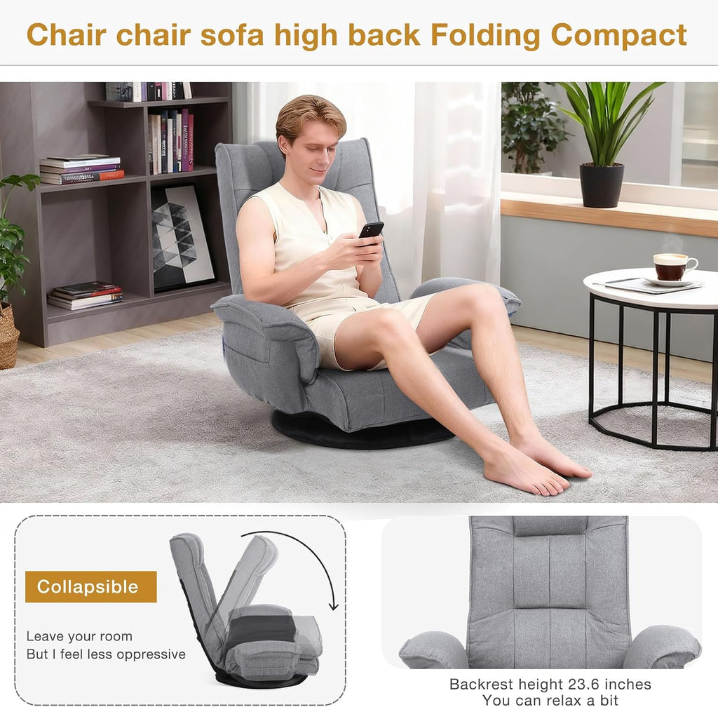 Ergonomic Swivel Floor Gaming Chair with Armrests & Side Pockets, 6-Position Reclining Sofa Bed, Foldable Padded Lounger with Thick Cushion & Lumbar Support for Esports, Reading, TV Watching, Beige - Image 7