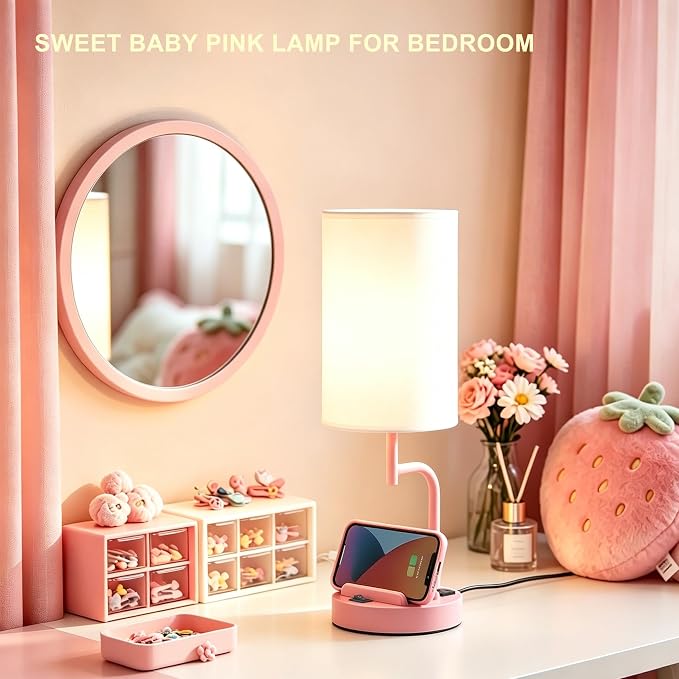 Dreamholder 2 Pack Table Lamp, Bedside Lamp with 3 USB Charging Ports & AC Outlet, USB Desk Lamp with 2 Phone Holders, Linen Fabric Shade Nightstand Lamps for Bedroom Living Room Office, Baby Pink - Image 5