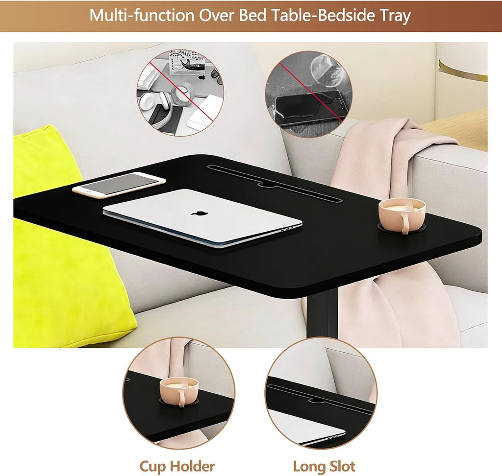 Over the Bed Table with Hidden Wheels,Height Adjustable Bedside Table Tray - Image 2
