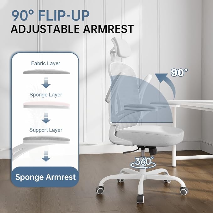 Office Chair|330LBS Capacity Ergonomic Desk Chair | High Back Computer Chair,Long Hours Comfortable,Rolling Swivel,Flip-up Armrests,Home Office - Image 8