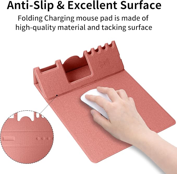 Mouse Pad with Phone Holder & Pen Holders, Wireless Charging Desk Mat, Mousepad Home Office Desk Pad with Ultra-Smooth Surface, Non-Slip Base, Waterproof Keyboard Pad, Classic Pink Desk Mat - Image 5