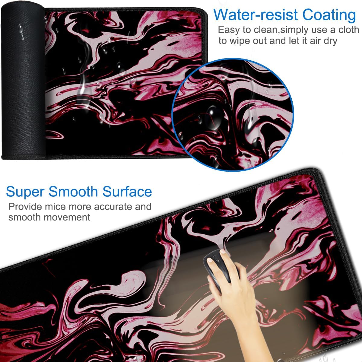 Gaming Mouse Pad, 31.5x15.7 inch Large Extended Computer Keyboard Mouse Mat, Water Resist Non-Slip Mousepad Rubber Base Long XXL Desk Mouse Pad for Gaming, Office & Home, Marble Red - Image 3