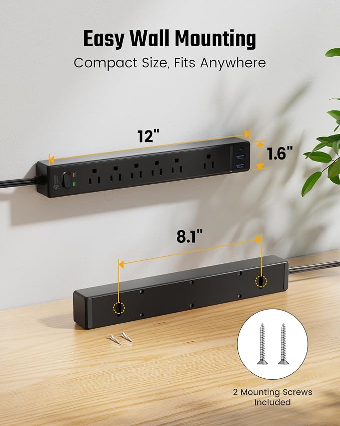 SUPERDANNY 6Ft Thin Extension Cord, Flat Plug Surge Protector Power Strip | Charging Station with 6 Outlets & 3 USB Ports, Wall Mountable Outlet Extender for Home, Office, College Dorm Room Essentials - Image 7