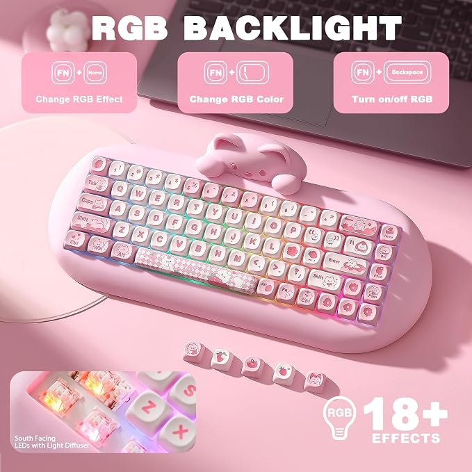 YUNZII C68 Silicone Cute Cat Mechanical Keyboard (Pink, Cocoa Cream Switch) | Wireless Triple Mode BT5.0/2.4G/Wired, RGB Backlit NKRO, Cute Cat Silicone Ergonomic Design for Win/Mac - Image 4