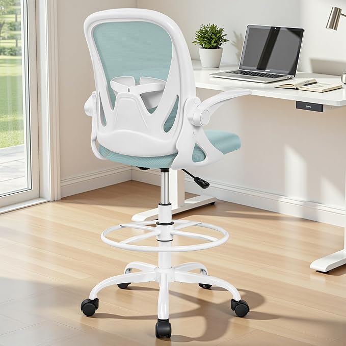 Drafting Chair Tall Office Chair with Flip-up Armrests Executive Ergonomic Computer Standing Desk Chair with Lumbar Support and Adjustable Footrest Ring（Light Blue） - Image 2