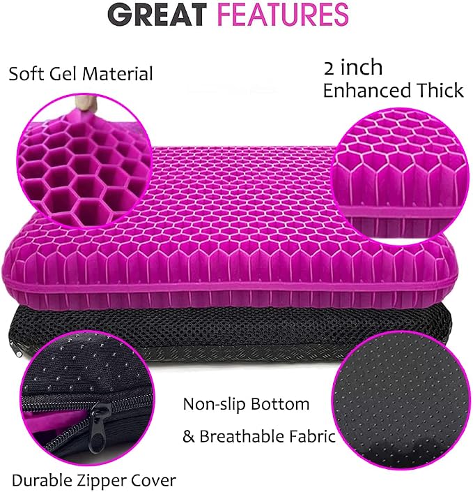 Gel Seat Cushion for Long Sitting, Extra Thick Gel Cushion for Wheelchair Soft Chair Pads for Office Home Chairs Car Seats Long Trips - Back Sciatica Hip Tailbone Pain Relief Cushion (Violet) - Image 2