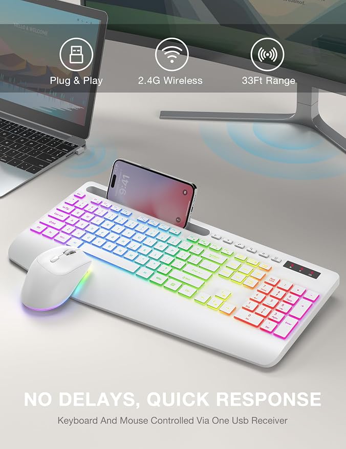 Wireless Keyboard and Mouse Combo - 9 Backlit Effects, RGB, 2.4Ghz | Ergonomic Wrist Rest, Phone Holder, Rechargeable, Full Size, KM22 MAX Silent Set for Computer, Laptop, Mac, Windows (White) - Image 7