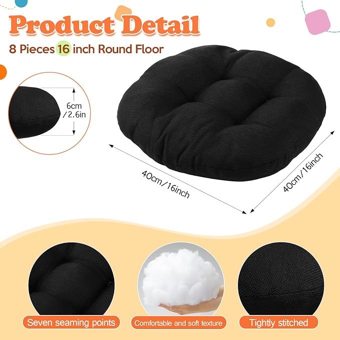 Fumete 8 Pcs Round Floor Cushions for Classroom Kids,Black | 16 Inch Diameter, Students Flexible Seating Pillows, Home Daycare School Reading Yoga Meditation, Soft Cushioned - Image 3