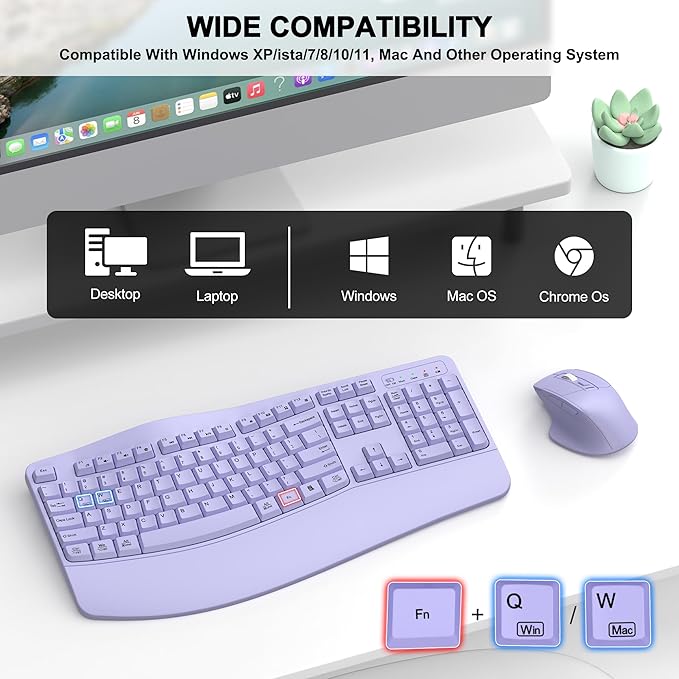 Wireless Keyboard and Mouse Combo, 2.4G Ergonomic Wave Keys(Purple) | Full Size Wave Keyboard with Wrist Rest, 3-Level DPI Adjustable Ergonomic Mouse for Windows and Mac OS Desktop/Laptop/PC - Image 7