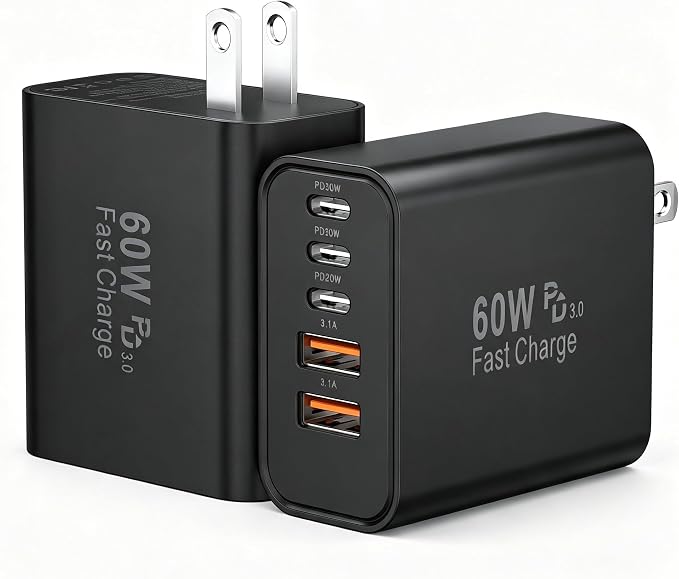 USB C Fast Charger Block, 60W 5-Port USB C Wall Charging Blocks, Type C Charger Fast Charging Brick, 3USB C+2USB A PD&QC3.0 Multiport Charger Plug for iPhone 16/15/14/13 Pro Max, iPad, Galaxy-Black by Duloch