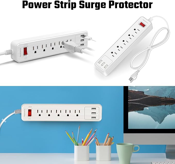 Power Strip, SUPERDANNY Surge Protector, 5 Outlets, 3 USB Ports, 4.5 Ft Extension Cord, 900 Joules, Mountable, Overload Switch, Protected Indicator Light, Multiple Protections for Home Office, White | 900 Joules, Mountable, Overload Switch, Protected I... - Image 8