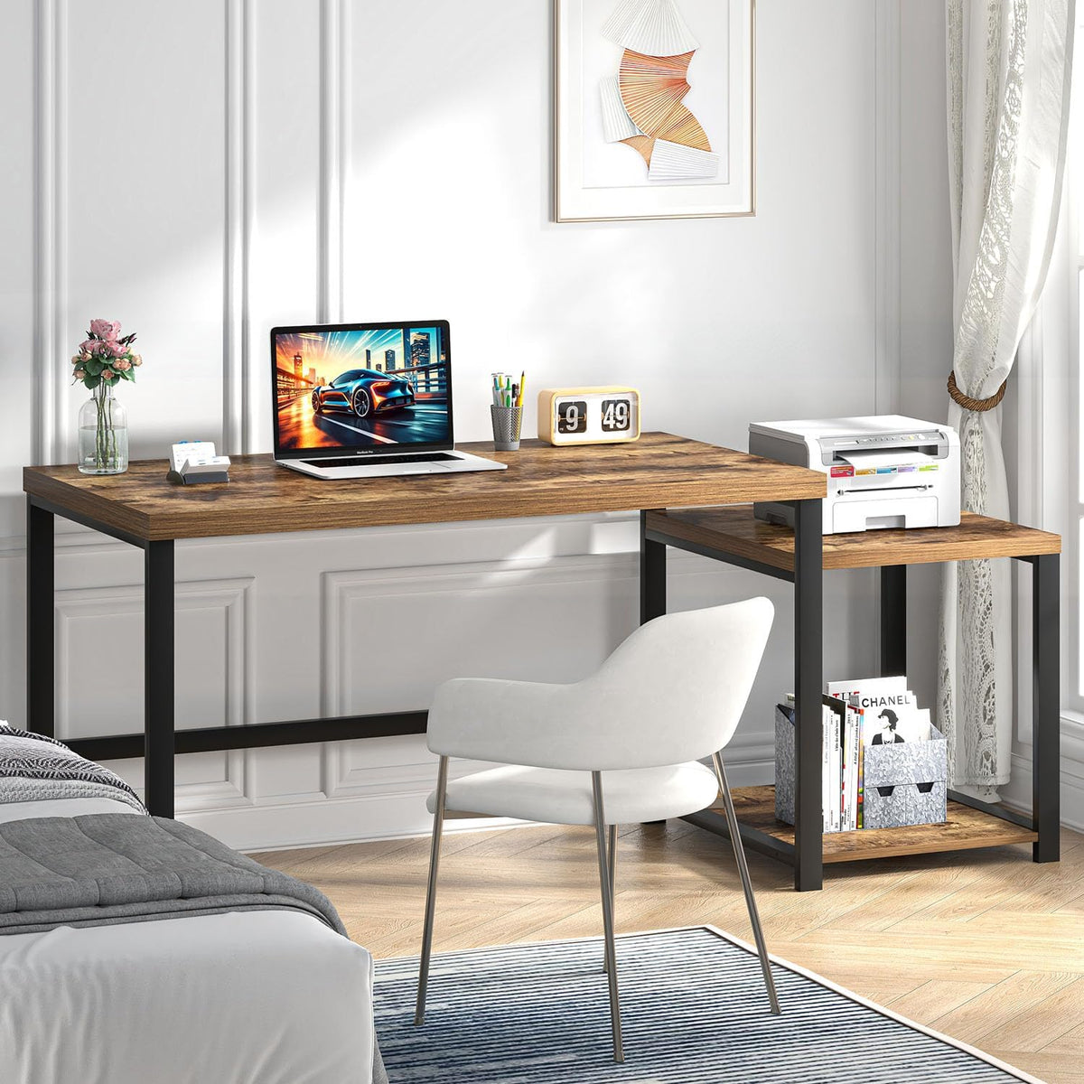Large Computer Desk for Home Office with Printer Space, Wood Study Gaming Workstation Table with Storage Shelves, Long Writing Desk for Bedroom Living Room, Rustic Brown, 63 Inch - Image 3