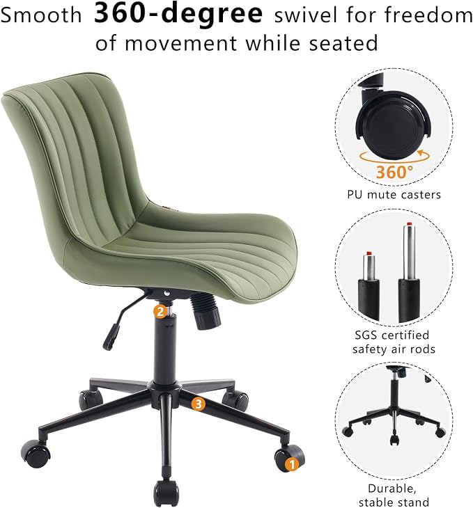 YOUNIKE Office Desk Chair with Wheels Armless Vanity Chair Modern Tan | Faux Leather Upholstered with Rocking Back, Swivel Height Adjustable Small Cute Computer Rolling Task Chair Ergonomic 300lb - Image 5