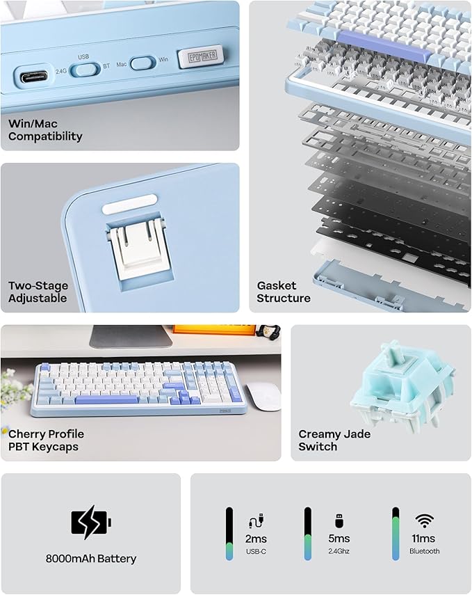 EPOMAKER TH99 Tri-Mode Wireless Mechanical Keyboard with 8000mAh Battery | Hot Swappable Custom RGB Gaming Keyboard with Numpad, Creamy Gasket Keyboard for PC/Mac/Office (Blue&White, Creamy Jade) - Image 3