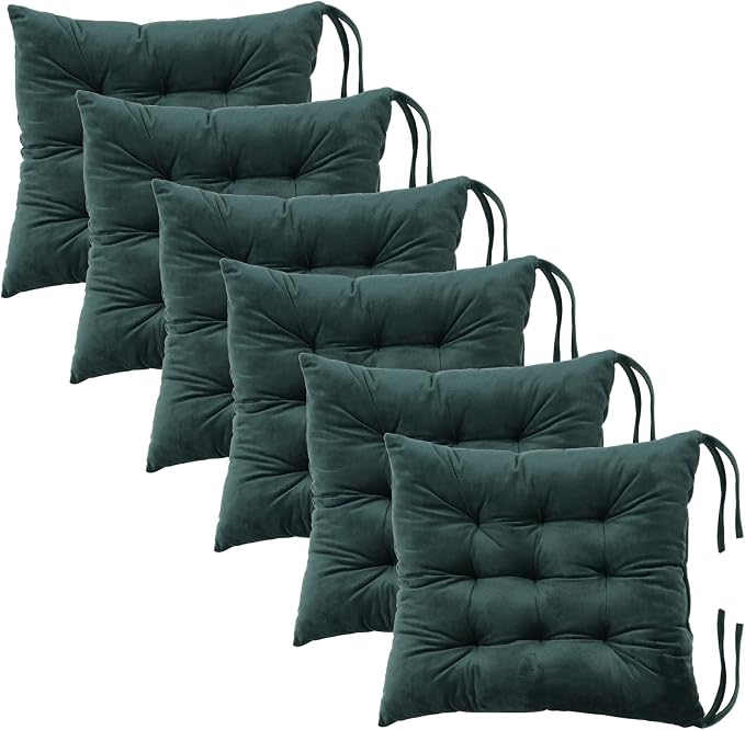 6 Pack Square Seat Cushion Chair Pads for Kitchen Dining Chairs, Soft Comfort Velvet Chair Mat Pillow Cushions with Ties for Office Desk Living Room Tatami 15.5", Dark Green by MissSoul
