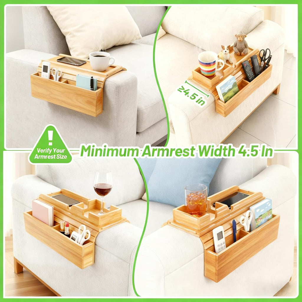 Bamboo Couch Arm Tray Sofa Armrest Tray Cup Holder,2-in-1 Couch Armrest Tray with Slide Detachable Tray,Couch Caddy,Slip Foldable Sofa Table,Phone Stand,Book Holder (Bamboo) - Image 4