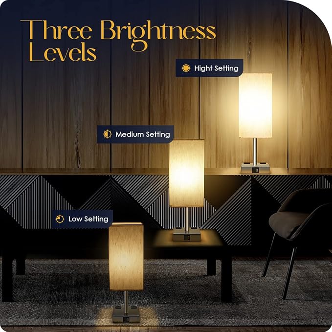 Bedside Lamp with USB Ports - Touch Control Table Lamp for Bedroom with USB C+A Charging Ports & AC Outlets, 3 Way Dimmable Nightstand Light for Living Room (LED Bulb Included, Chrome - Flaxen) - Image 4