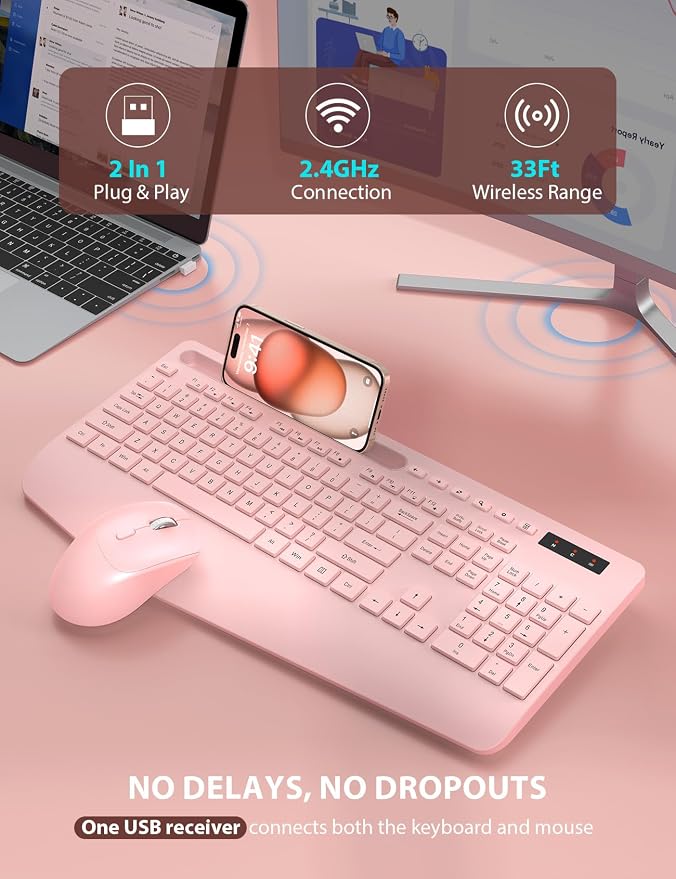 Wireless Keyboard and Mouse Combo - Full-Sized Ergonomic Keyboard with Wrist Rest, Phone Holder, Sleep Mode, Silent 2.4GHz Cordless Keyboard Mouse Combo for Computer, PC, Laptop, Mac, Windows -Trueque - Image 4