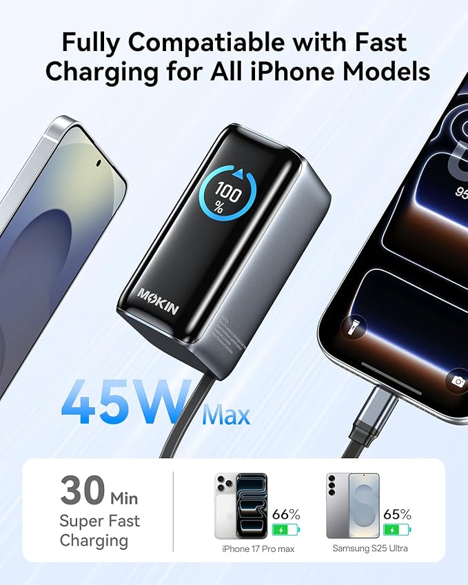 MOKiN Portable Charger 10000mAh, 45W PD Power Bank with Built-in Retractable USB-C Cable, Smart Display Battery Pack, Airline Travel Compliant Charger for iPhone 17/16/15, Samsung Galaxy, iPad & More - Image 3