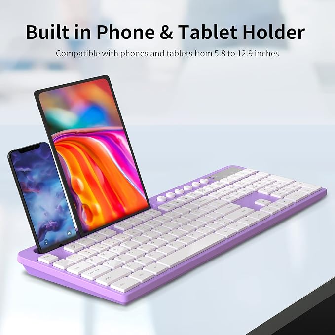 Wireless Keyboard and Mouse Combo, MARVO 2.4G Ergonomic Wireless Computer Keyboard with Phone Tablet Holder, Silent Mouse with 6 Button, Compatible with MacBook, Windows (Purple) - Image 3