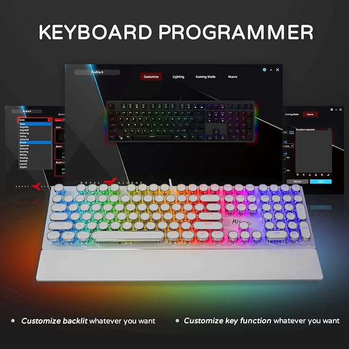 RK ROYAL KLUDGE S108 Typewriter Mechanical Keyboard, Full RGB Gaming Keyboard, Wired PC Game Keyboards with Detachable Wrist Rest and Number Pad, Retro Round Keycaps, Brown Switch White - Image 4