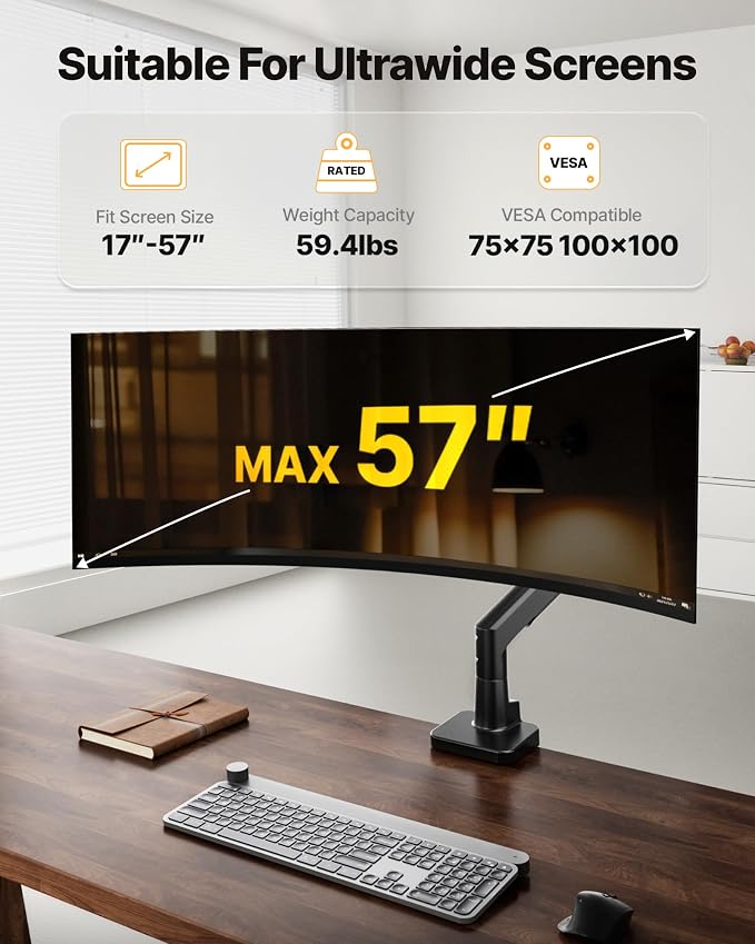 monTEK Heavy-Duty Monitor Arm for 17-57" Ultrawide, 59.4 lbs, Black | Pneumatic lift, quick-release VESA 75/100 plate, full motion, clamp/grommet bases and hidden cable routing - Image 2