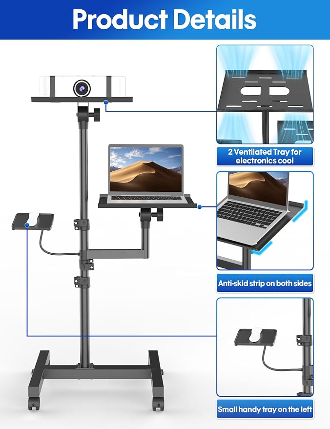 Projector Stand, 2-Shelf Laptop Tripod Stand with Adjustable Height | Max 47" Height Adjustable Laptop Cart on Wheels, Projector Floor Stand with Ventilated Tray for Podium, Meeting - Image 4