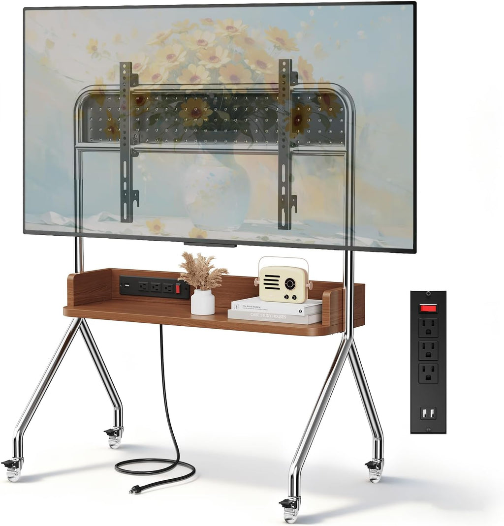 Rolling TV Stand with Power Outlet & Wooden Shelf, Stainless Steel Mobile TV Carts for 32-75 Inch TVs up to 110 lbs,Height Adjustable Portable TV Stand with wheels and Pegboard Storage for Home Office by sythdio