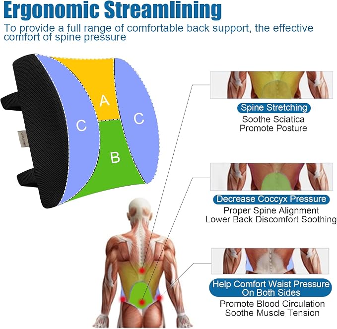 Lumbar Pillow for Chair and Car, Back Support for Office, Memory Foam Cushion with Mesh Cover - Black - Image 2