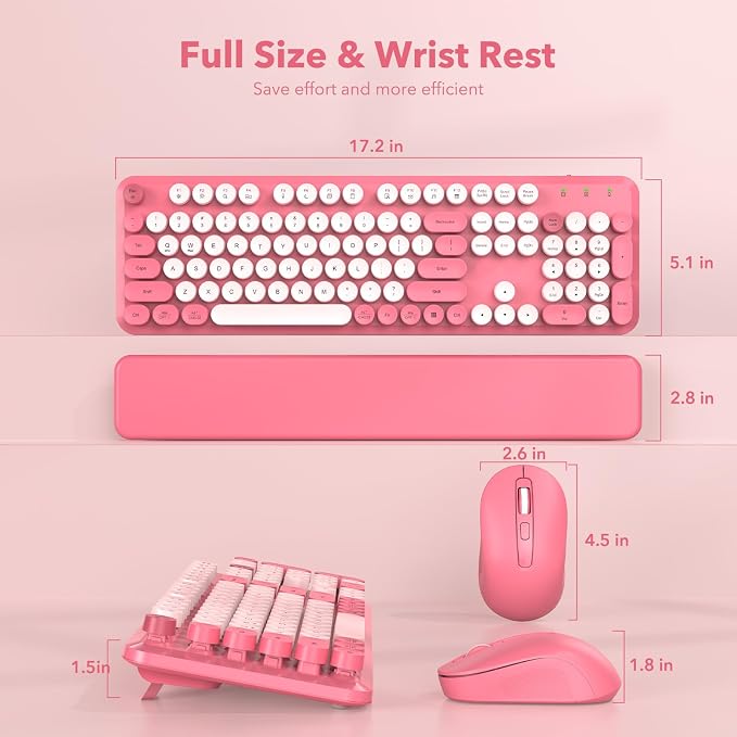 Wireless Keyboard and Mouse Combo, Round Keycaps, Magnetic Wrist Rest, Pink | Full-Size Retro Typewriter-Style Keyboard, Tilt Legs, Auto Sleep, 2.4GHz Cordless for MacOS, Windows PC, Laptop, SABLUTE CK23 - Image 9