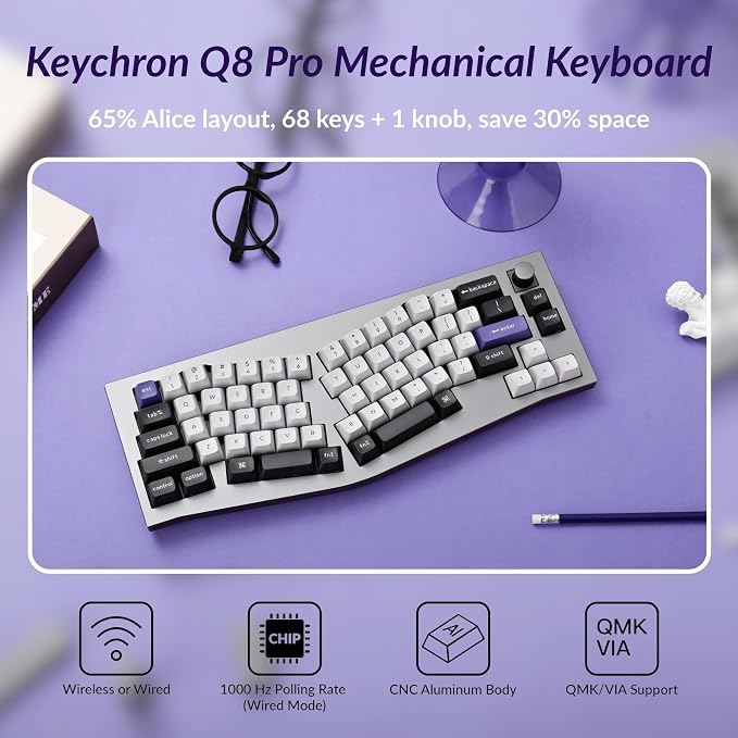 Keychron Q8 Pro Full-Metal Wireless Custom Mechanical Keyboard, 65% Alice Layout Bluetooth/Wired, QMK/VIA, Hot Swappable, 1000 Hz Polling Rate, RGB Backlit for Mac Windows Linux-Grey - Image 2