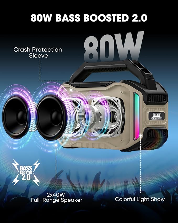 ANCOON Speakers Bluetooth Wireless: 80W(Peak) Loud Speaker with Bass, 20H Playtime, IPX6 Waterproof, Large Jobsite Speakers for Work, Outdoor, Workshop, Garage, Portable Speaker with TWS (Desert) - Image 2
