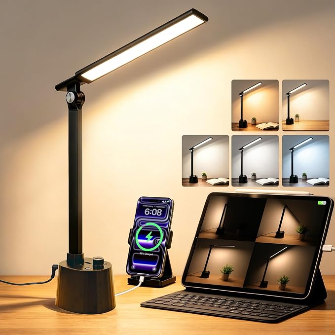 BOHON Small Desk Lamp with USB C Charging Port 5 Colors Stepless Dim Black | Reading Light Space-Saving Rotating Head Desk Lamp for Home Office College Dorm Room Bedside Table Bedroom by BOHON