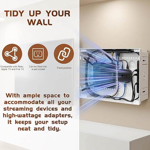 9" in Wall TV Media Box for Device & Cable Management Hidden Outlet Box, Structured Wiring Enclosure with Custom Knockouts, WiFi Friendly, for Roku, Apple TV, Fire TV Stick & Samsung One Connect Mini - Image 5
