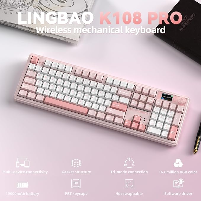 LINGBAO K108 Pro Wireless Mechanical Pink Creamy Keyboard with Number Pad | Full Size Mechanical Keyboard with 10000mAh Battery, PBT Keycaps, Gasket Mount, RGB Backlit Hot-swap Custom Keyboard for PC - Image 2