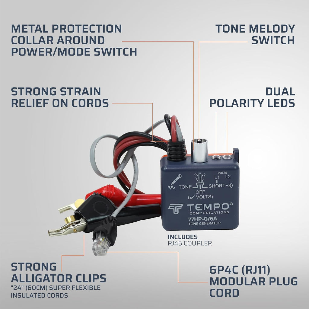 TEMPO 77HP-G/6A Tone Generator w/ABN Clips | Cable Tracing, Continuity Testing, Polarity Testing | RJ11, RJ45 | Twisted Pair & Coaxial Cables | Professional Grade Wire Tracer - Image 3