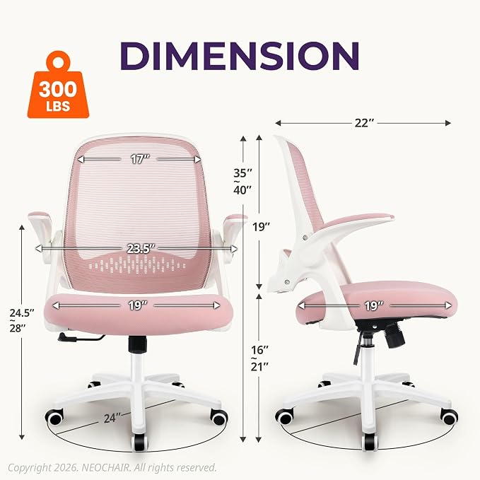 NEO CHAIR Office Desk Chair, Ergonomic Mesh with Flip-Up Armrests, Pink | Lumbar Support, Height Adjustment, 360° Swivel and Rolling Base, Space-Saving Design for Home Office, Vanity or Study - Image 2