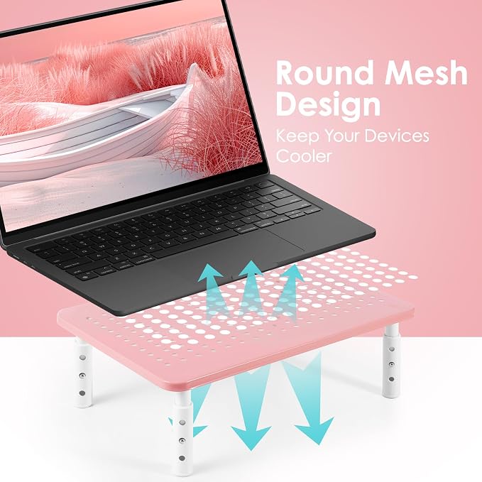 2 Pack Monitor Riser Desktop Stand Flat Screen TV Monitor Stand Pink | 3 Height Adjustable PC Stand with Mesh Platform Sturdy Metal Laptop Computer Monitor Stand Shelf for Printer, iMac - Image 3