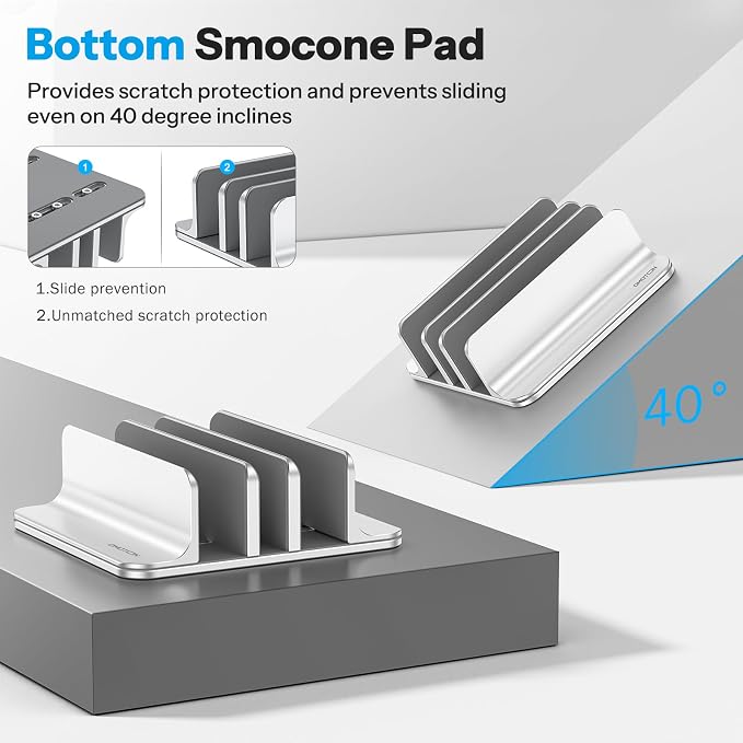 OMOTON 3-Slot Multiple Vertical Laptop Stand, Fits MacBook, Bright Silver | Adjustable Width 0-1.38", Aluminum Office Space-Saving for Desk, Fits MacBook/Book/iPad Up to 17.3in - Image 4