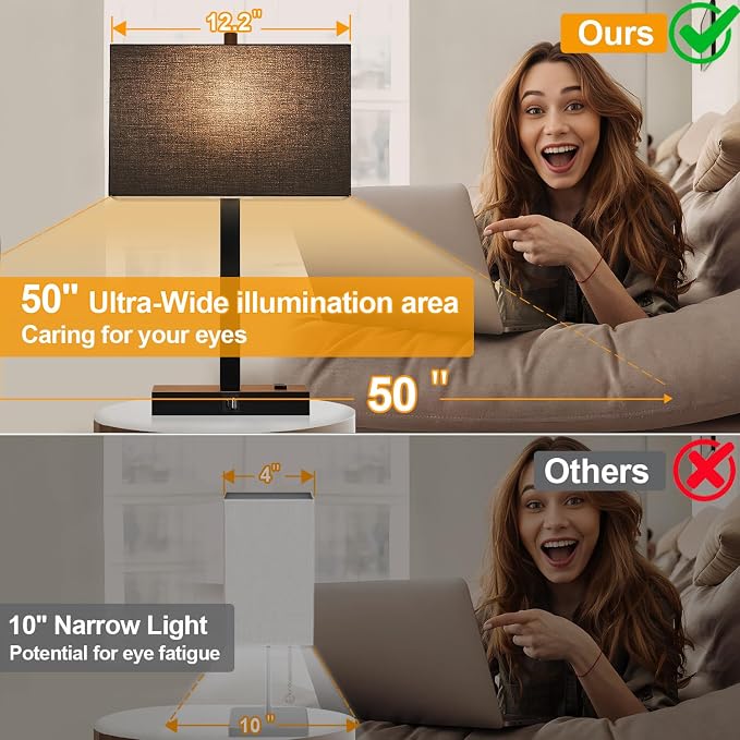 21" Touch Bedside lamps with 2 USB & AC Outlets, 3-Way Dimmable Bedside Table Lamps Set of 2 for Bedroom Living Room Office Reading, Black Shade Lamps for Night Stands, 2700K LED Bulbs Included - Image 3