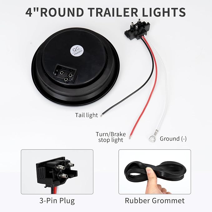4" Round LED Trailer Lights Stop Turn Tail with Halo Ring | IP67 waterproof, universal 12V for trucks, trailers, RVs. Kit with grommets & pigtails. 32 bright LEDs. - Image 4