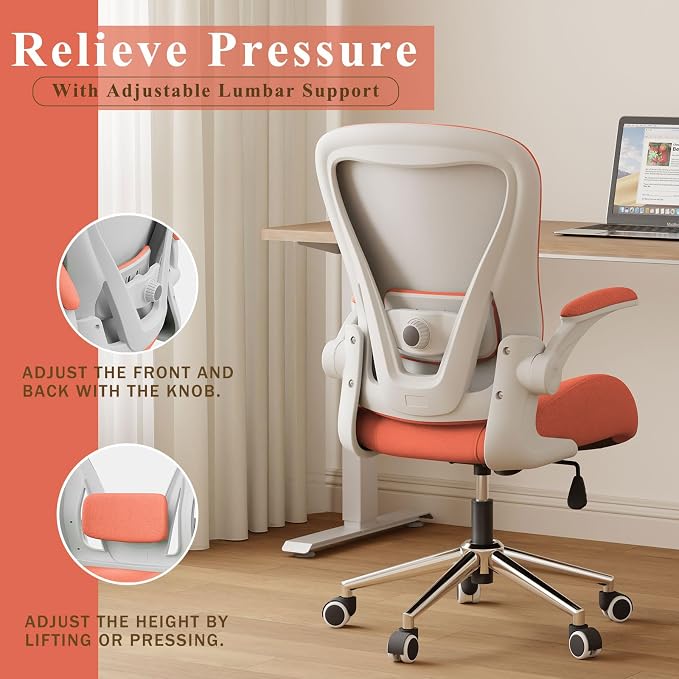 Orange Ergonomic Office Desk Chair, Soft Fabric Thickened Curved seat Cushion with Adjustable Lumbar Support, Perfect Blend of Comfort and Good Looks, Ideal Chair for Home or Office, Orange - Image 4