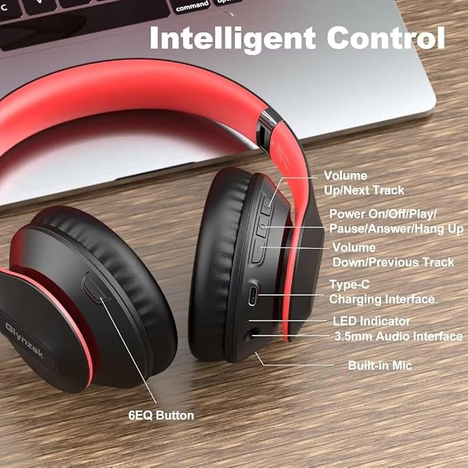 Wireless Bluetooth Headphones Over Ear V6.0 HiFi Stereo with Mic | 65H Playtime 6EQ Modes Foldable Bluetooth Headset with Microphone for Travel Smartphone Computer Laptop Black Red - Image 6