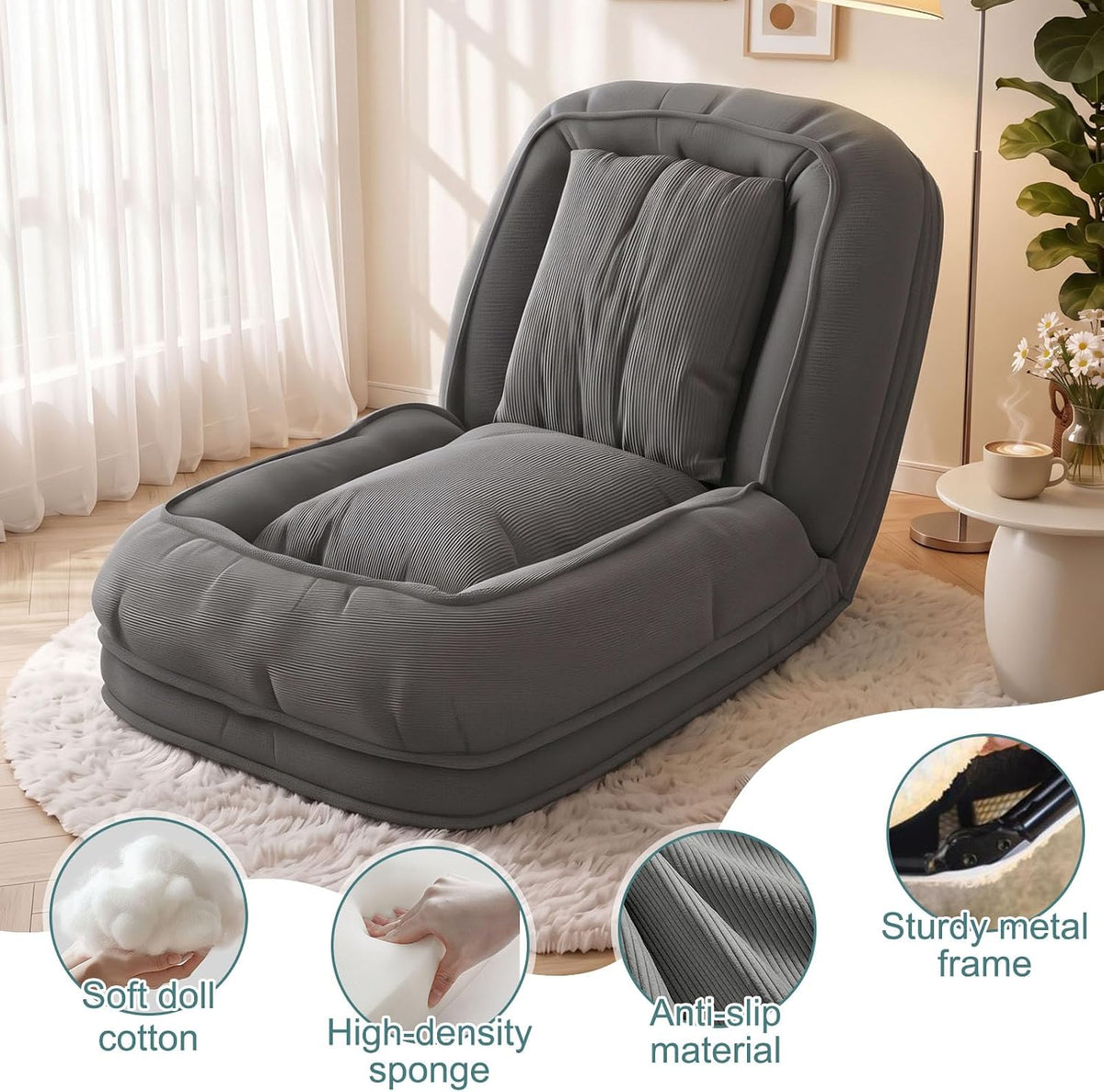 Human Dog Bed for Adults & Pets, 5-Position Adjustable Floor Chair, Convertible Lazy Sofa Bed with Metal Frame & 2 Pillows, Plush Gaming Lounge for Living Room Bedroom Office (Gray1) - Image 7
