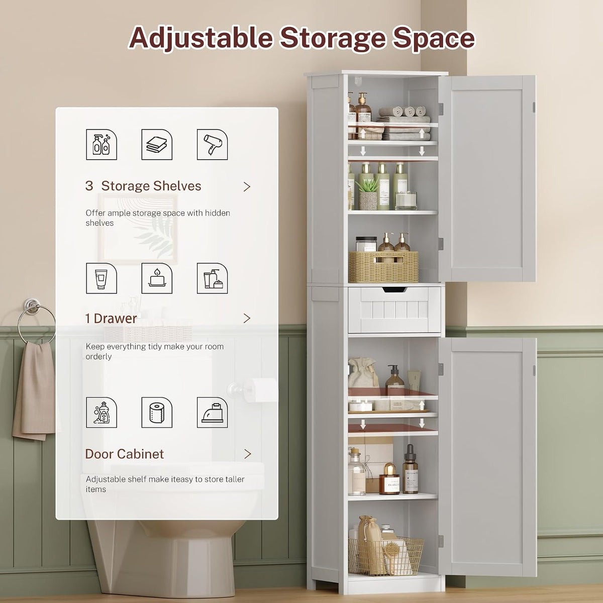 66.9" H Tall Bathroom Cabinet with 2 Doors & 1 Drawer, Narrow Bathroom Storage Cabinet with Adjustable Shelves, for Living Room, Entryway, Kitchen, White - Image 5